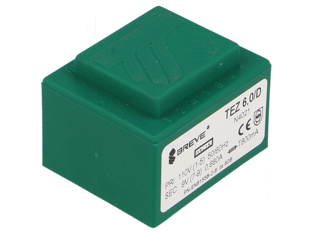 Transformator: ingegoten; 6VA; 110VAC; 9V; PCB; IP00; A: 38mm; B: 45mm Transformator: ingegoten; 6VA; 110VAC; 9V; PCB; IP00; A: 38mm; B: 45mm